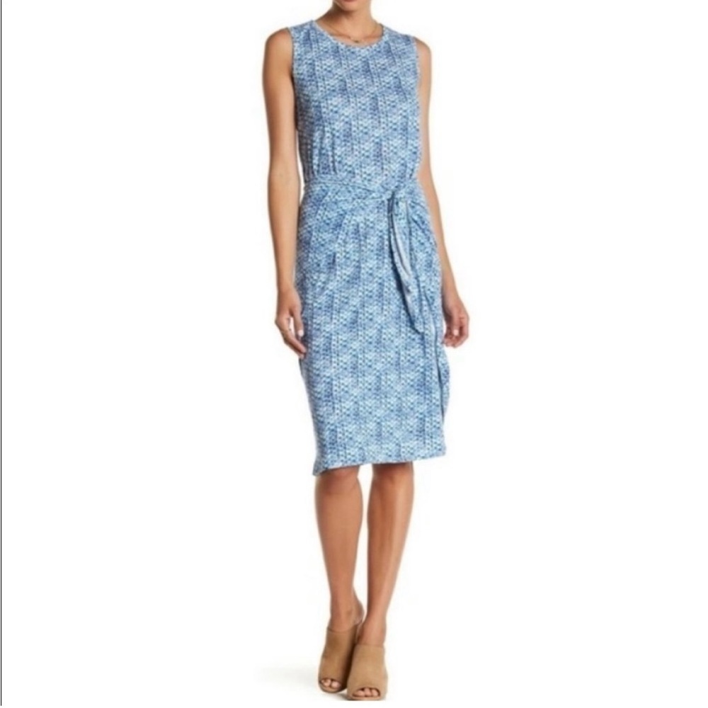 Rebecca Taylor Blue & White Geometric Printed‎ Shibori Linen Wrap Dress